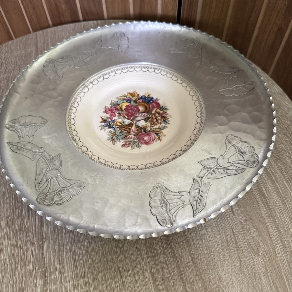 Vintage Farberware Aluminum Etched Platter With A Porcelain Center, Floral